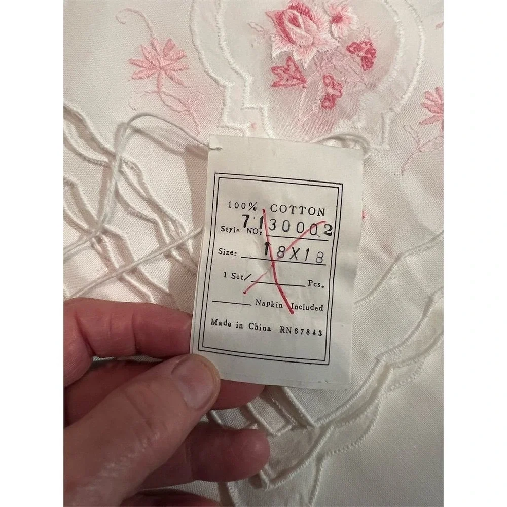 Sophisticated Thread 12pc White napkins Handkerchief‎ Set Pink Floral Embroidery